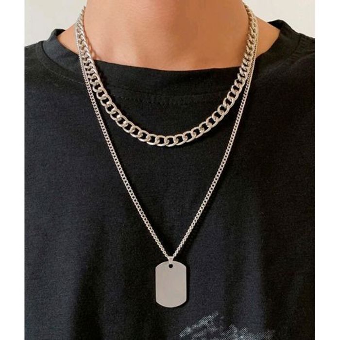 Collier à breloque - INOX - Deux pièces - Argent - 65-45 cm - Pour homme