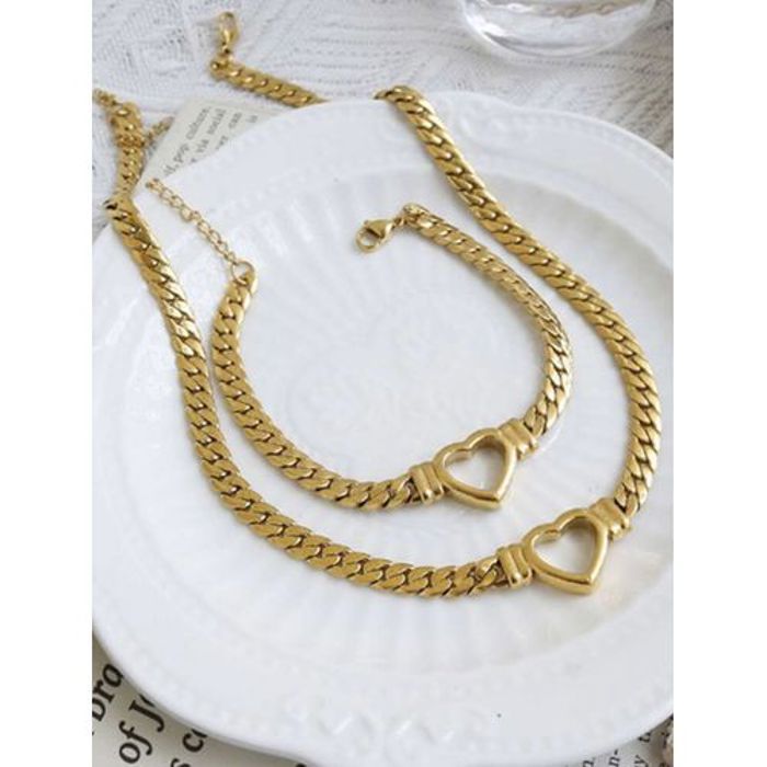 Ensemble de bijoux - Non spécifié - 2 pièces - Acier inoxydable - Pendentif cœur - Doré