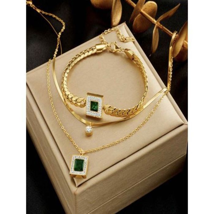 Ensemble Collier et Bracelet pierre d'haki vert en Acier Inoxydable