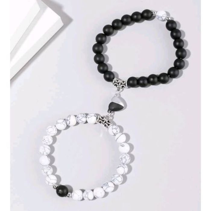 Bracelet Couple - PIER - 2 Pièces - Acier Inoxydable - Noir et Blanc - Longueur 22cm/18cm