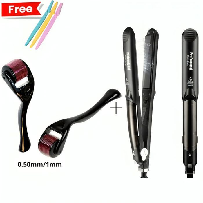 Lisseur Cheveux Vapeur Fer à Lisser/Boucler + 2 Système de rouleau Derma 0.50mm et 1.0mm avec 3 Razoir GRATUIT - PACK