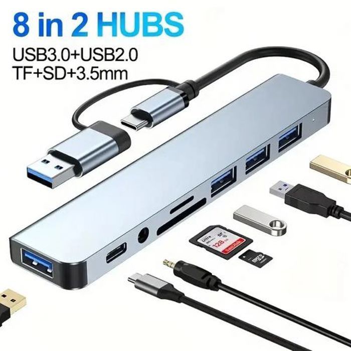 HUB USB 8 en 2 avec lecteur de carte, port USB C, USB 3.0 / 2.0, SD/TF