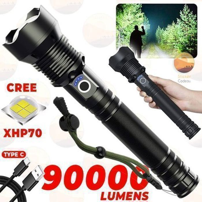 Lampe de Poche LED Hyper Puissante Torche Zoomable Batterie