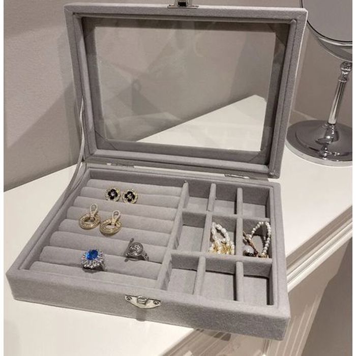 Boîte à bijoux en verre de velours gris portable, étui de rangement