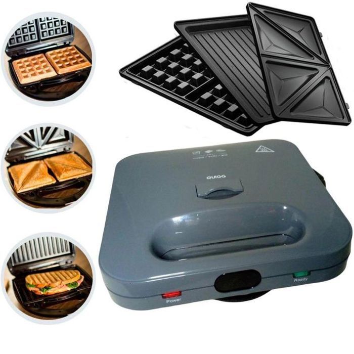 Quigg Appareil Croque Monsieur Multifonction 3 en 1 pour sandwichs épais gaufrier panini, 3 plaques antiadhésives & sans BPA 750W