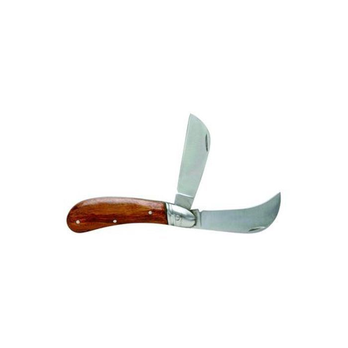 Couteau électricien 1 lame serpette et 1 lame droite manche bois et cran de sureté