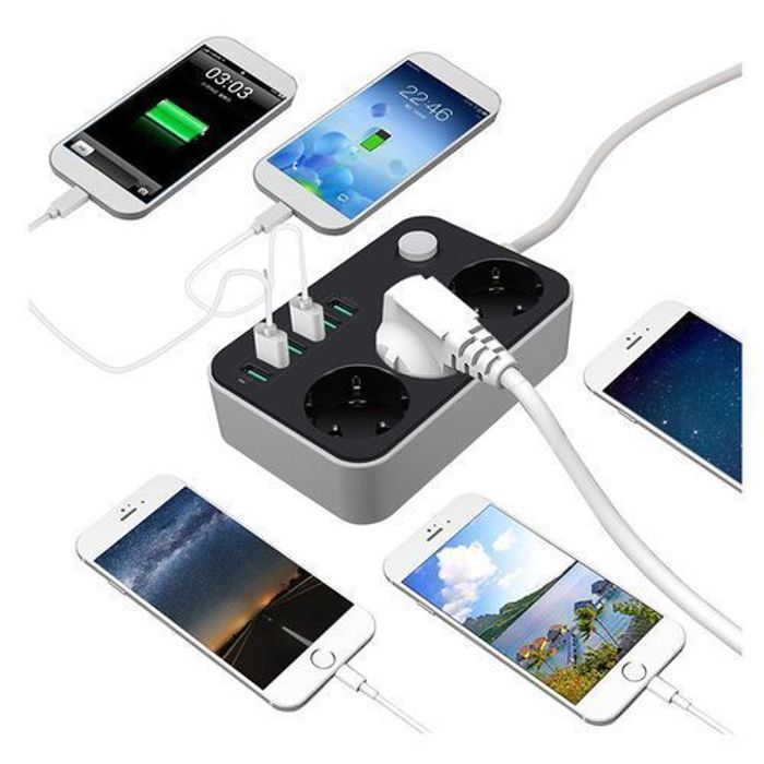 Rallonge multiprise - Adaptateur Intelligent - 4 Prises - 3 Ports USB - Protection Surtension - 2.4 A