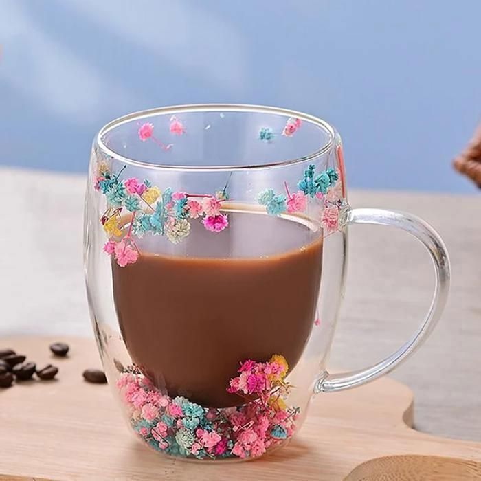 Tasse en verre double paroi - Transparent - 350ml - Fleurs séchées - Résistante à chaleur - Élégante