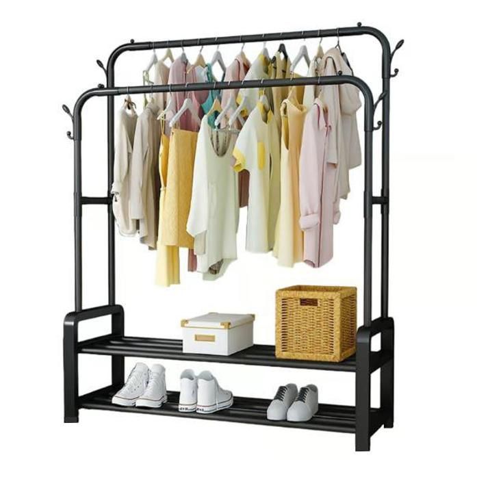 Porte-manteau Double Cintre, Support de sol pour vêtements et Chaussures Deux Etages 48Kg - 110x57x150cm