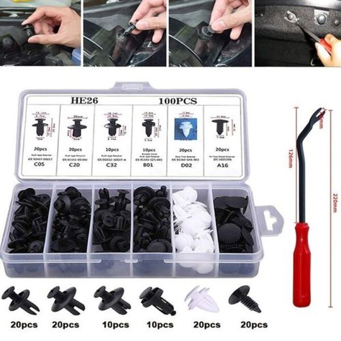 Kit de 100 Clip de fixation de carrosserie de voiture mixte avec Outil de Suppression