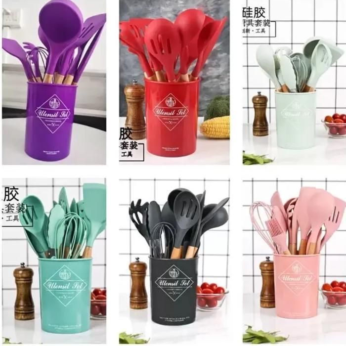 Ensemble d'Ustensiles de Cuisine 12 Pièces avec Porte-Louche en Silicone
