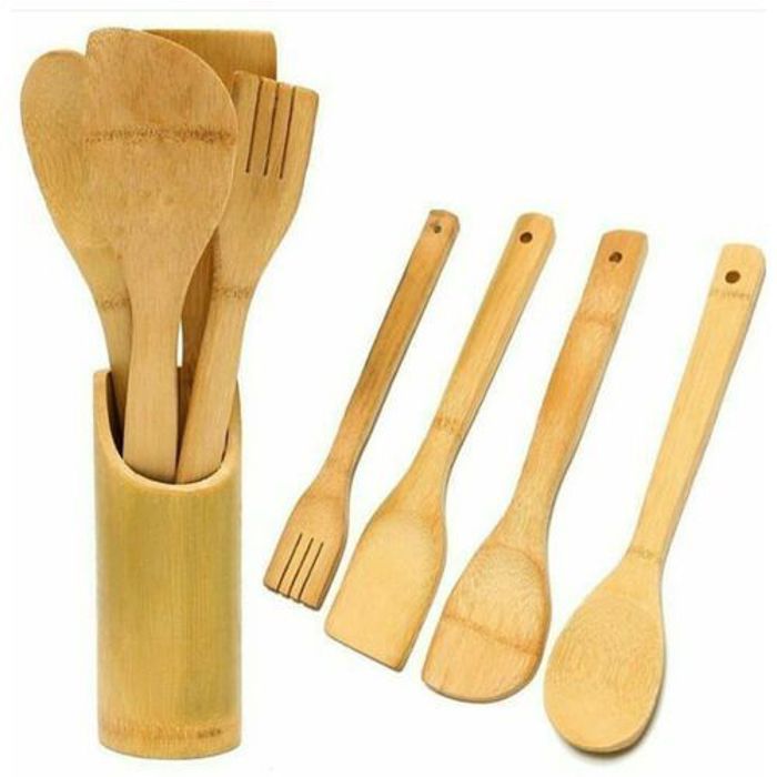 Set 4 Cuillères spatule de cuisson de repas à la maison en bois avec seau de rangement pour poêle antiadhésive, en Bois bambou