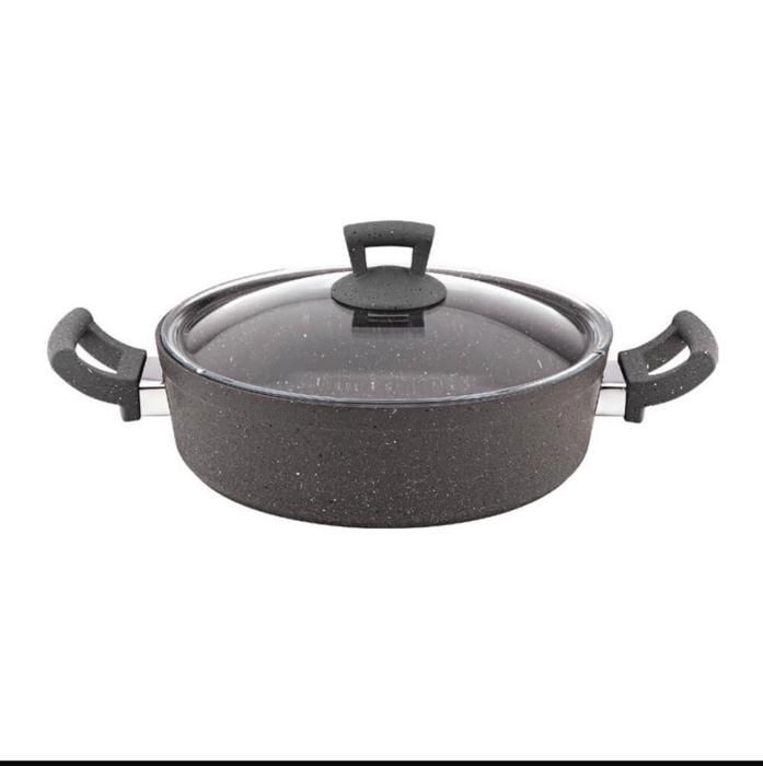 Marmite effet granite 26 cm avec couvercle en verre – Coloris aléatoires