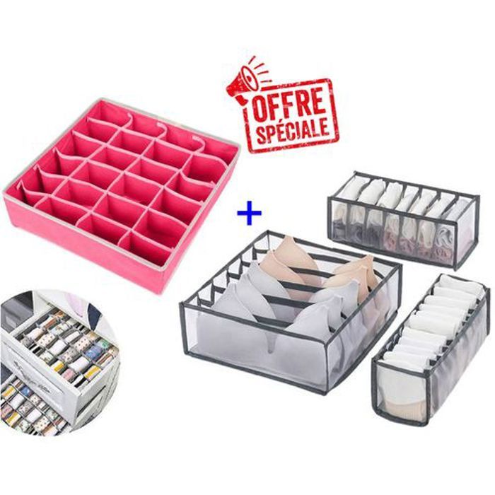 Pack de 4 Boîtes de rangement pour sous vêtements avec plusieurs compartiments