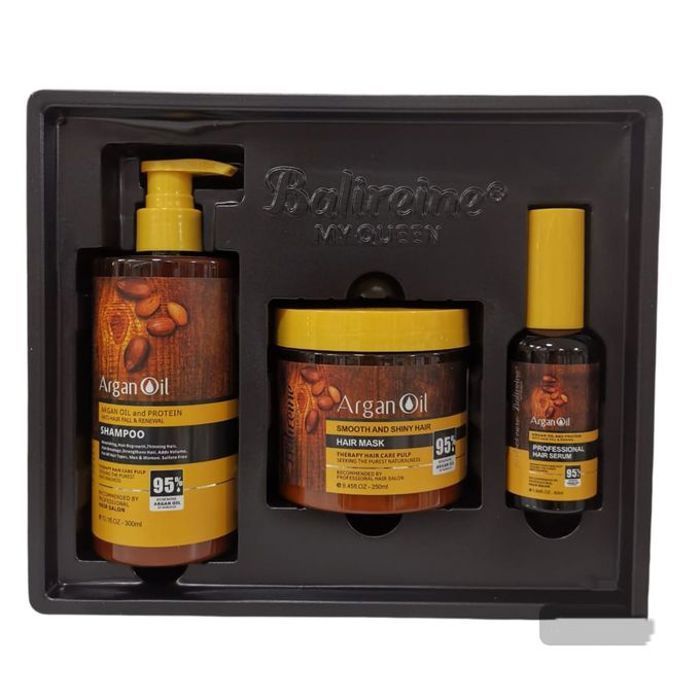 Pack Balireine  shampoing 300 ml, masque capillaire 250 ml, huile capillaire 50 ml, sans parabènes ni sulfates.