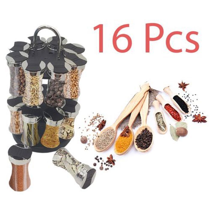 Set 16 Pots à épices en verre avec couvercle plastique et Support 2 etages