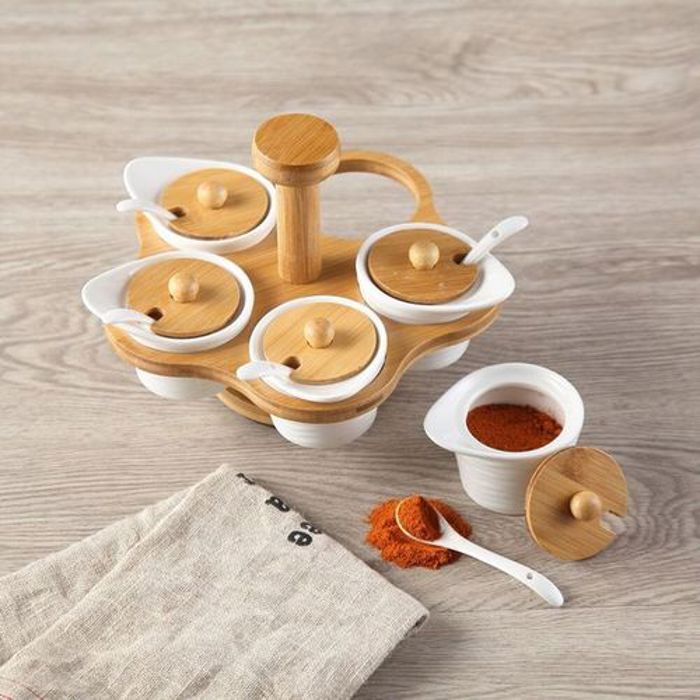 Lot De 5 Pots A Épices En céramique Avec Support Et couvercles En Bois Bambou