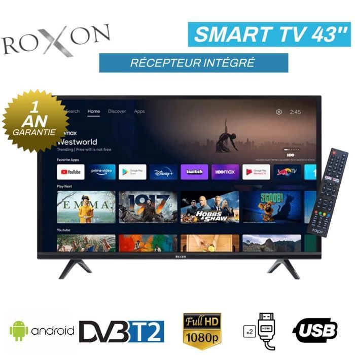 ROXON - Télévison - 43" Full HD Smart TV Android 14 - Récepteur Intégré +TNT +HDMI +USB