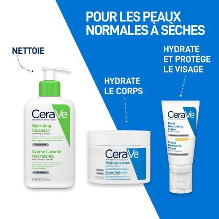 Cerave Pack crème lavante, Baume Hydratant, Protège et hydrate le visage Pour les peaux normales à sèches