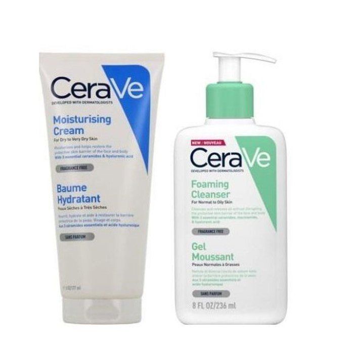 Cerave Gel Moussant Peaux Grasses 236ml & Baume Hydratant, Corps et Visage, 177ml