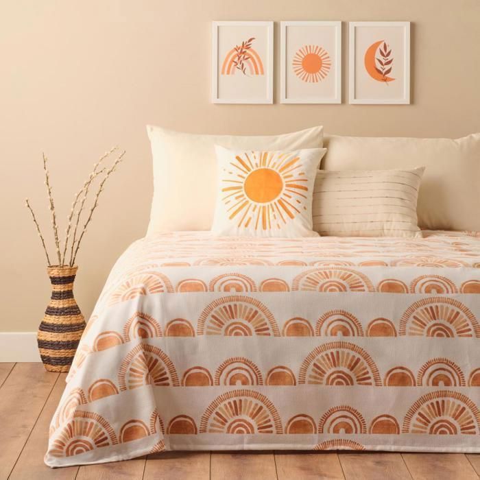 Couverture - Finn - Imprimée - 200x220 cm - 100% Coton - Orange