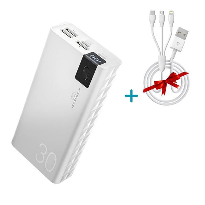 Power Bank Konfulon A19 (30 000 mAh) - Chargeur Portable avec Écran LCD, Entrées Type-C et Micro-USB + Câble 3 en 1 Cadeau