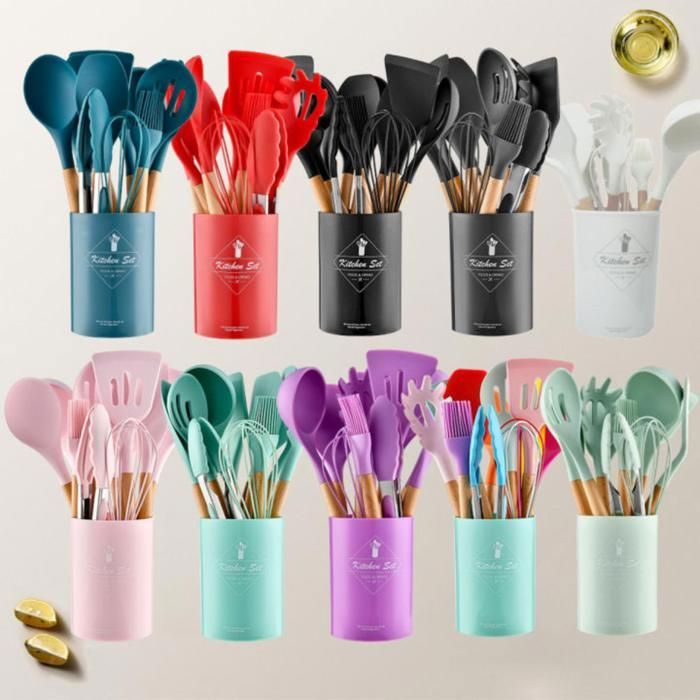 Lot de 12 pièces d'ustensiles de cuisine avec support pour cuillère en silicone(Couleur aléatoire)