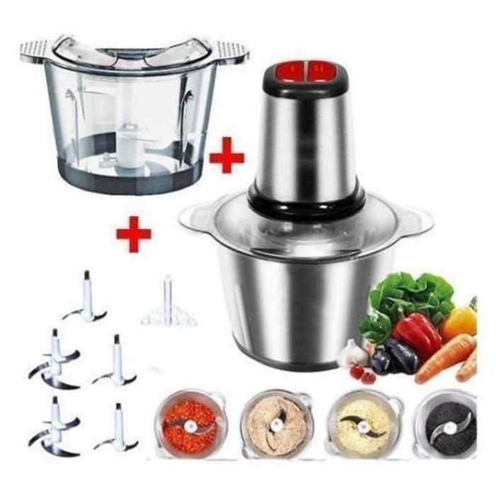 Cooking Hachoir électrique 2 bols Inox et Verre + 5 Lames et batteur et spatule 3L
