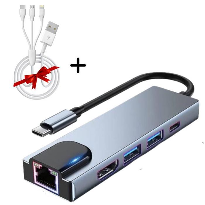 Adaptateur USB-C Hub 5 en 1 + Câble 3 en 1 Cadeau