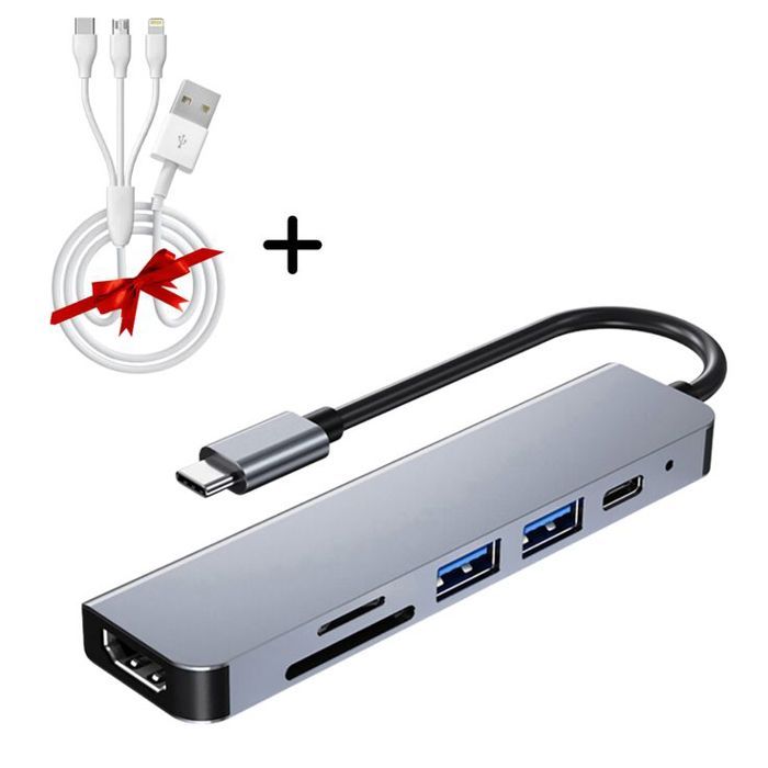 Adaptateur USB-C Hub 6 en 1 + Câble 3 en 1 Cadeau