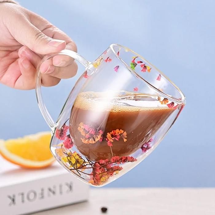 Tasses à café en verre transparent à double paroi de fleurs séchées 350Ml pour boissons chaudes et froides, latte et à expresso jus