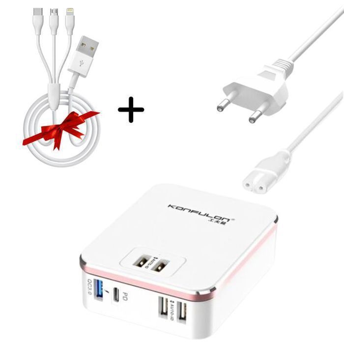 Konfulon 6 USB Sorties Chargeur de Téléphone Portable 20W / 40.5W C29Q + Câble 3 en 1 Cadeau
