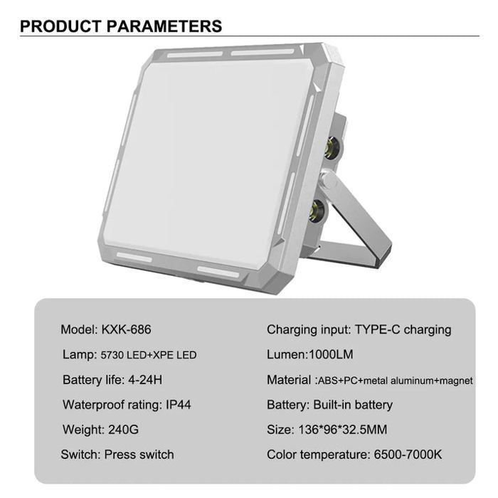 Projecteur LED Multifonction KXK-686 50W - Rechargeable, Étanche, 1000LM, USB Projecteur de Travail Type-C Rechargeable Batterie spa