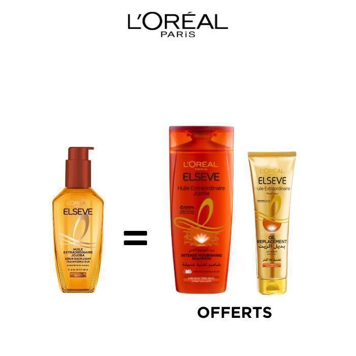 ROUTINE CHEVEUX HUILE EXTRAORDINAIRE : Shampoing  200ml + Huile Extraordinaire  100ml = Oil Replacement 125ml