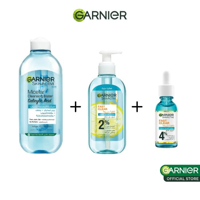 Pack de soins pour peaux à tendance acnéique - GARNIER - Fast Clear - 30ml Sérum - 400ml Eau Micellaire - Scrub