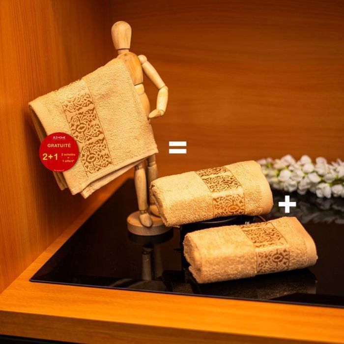 Pack 2 serviettes + 1 gratuite, Flora serviette 30x30 100% coton - beige