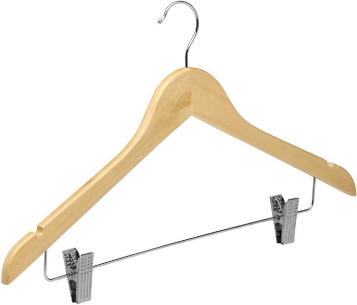 Lot de 6 Cintres en Bois Naturel – 45 cm, Avec Pinces et Encoches