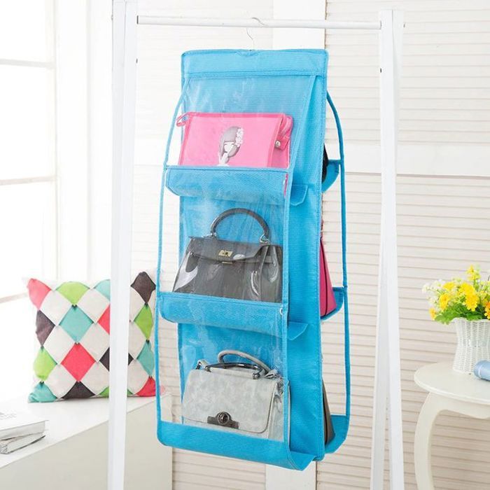 Organisateur de sac à main à suspendre à 6 poches transparent- Bleu