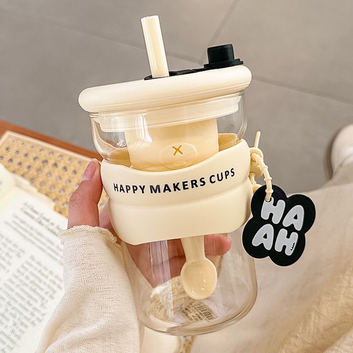 Gobelet à paille - KEMU - Tasse en verre borosilicaté - Étanchéité silicone - Facile à nettoyer - Multicolore
