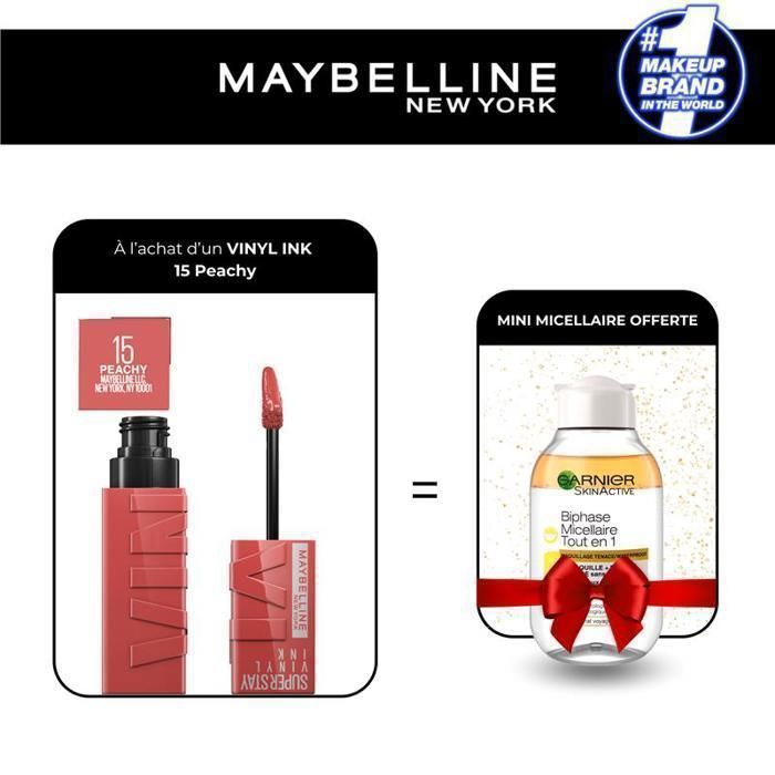 MAYBELLINE NEWYORK  - Pack VINYL INK 15 PEACHY = MICELLAIRE BYPHASE 100ml