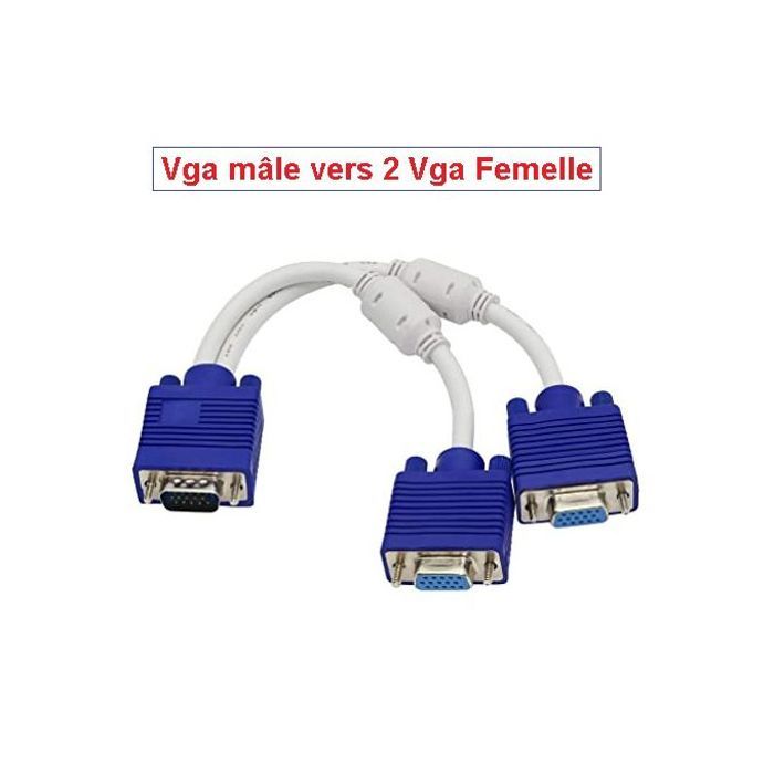 Câble VGA Mâle vers 2 VGA Femelle Pour Brancher 2 Ecrans /Moniteurs, Adaptateur