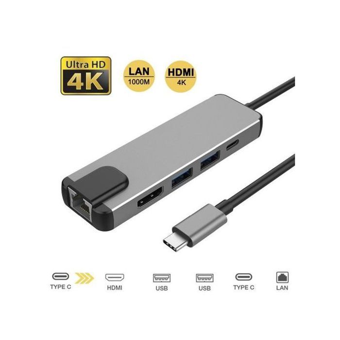 Adaptateur Hub USB Type C 5 en 1 HDMI Rj45 Lan pour Macbook, Adaptateur USB C vers Ethernet Gigabit