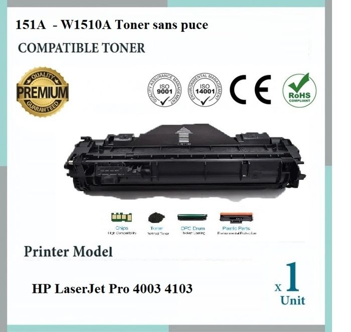 151A  - W1510A Toner sans puce Compatible avec HP LaserJet Pro 4003 4103 Noir