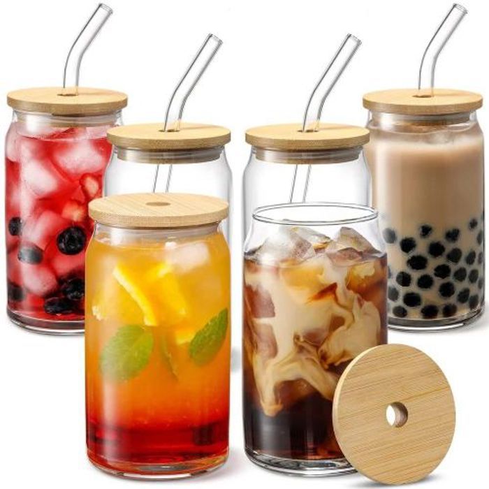 Tasse en verre transparent avec couvercle et paille,tasse a thé a bulles