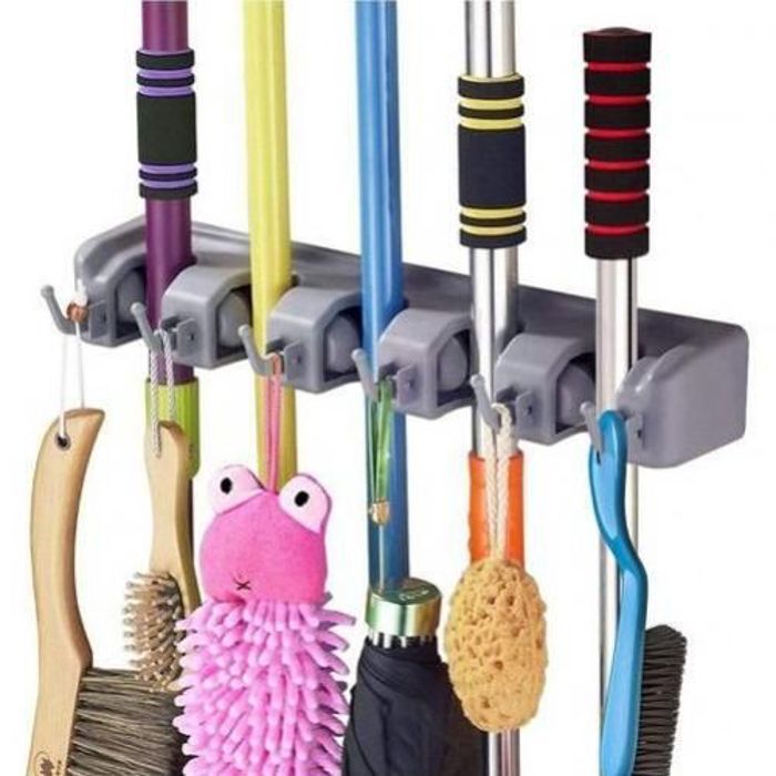 Porte Balais mural pour outils de nettoyage et de jardin 5 Compartiments + 6 Crochets