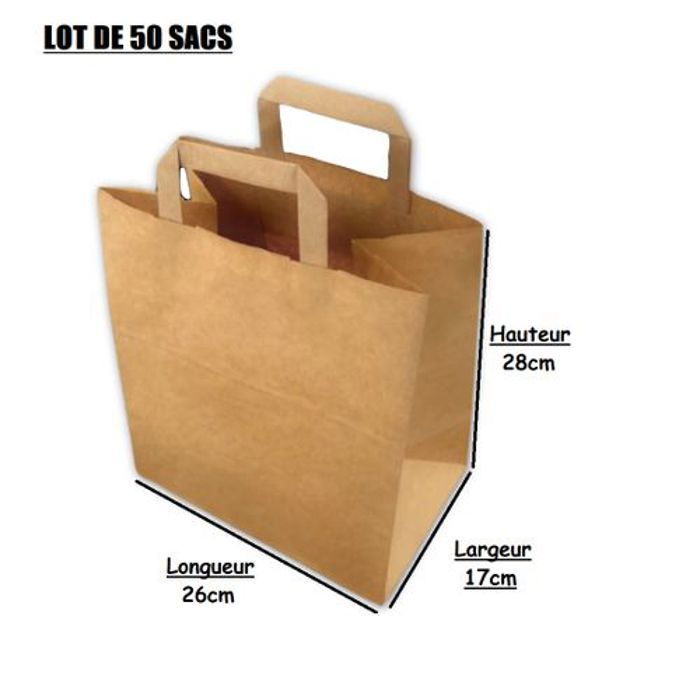 Lot de 50 Sac Kraft Brun pour Cadeau ou plat à emporter - 26x17x28 cm