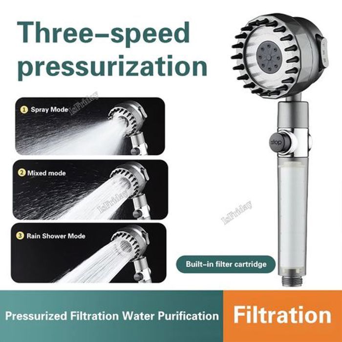 Pommeau de douche de bain avec brosse de massage, filtre, 3 modes