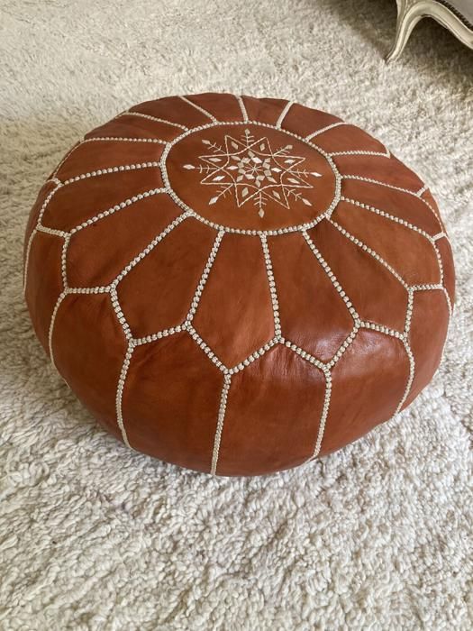 Pouf - Pouf Marocaine - Fait Main - Cuir - Marron - Taille Ronde