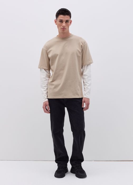 Double-sided T-shirt with striped sleeves - White/Beige