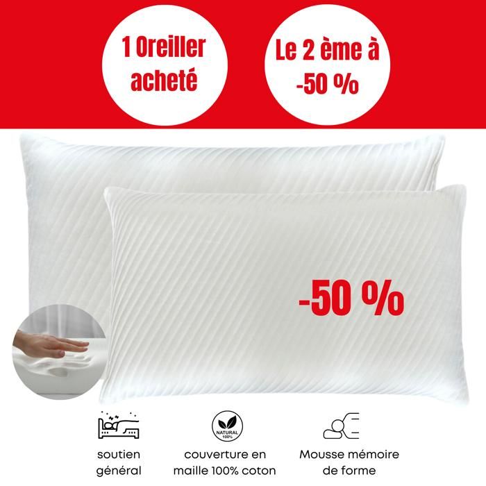 Oreillers - Medicals - Pack de 2 - Mousse à mémoire de forme - 70x40x14cm - Mi-ferme 14H